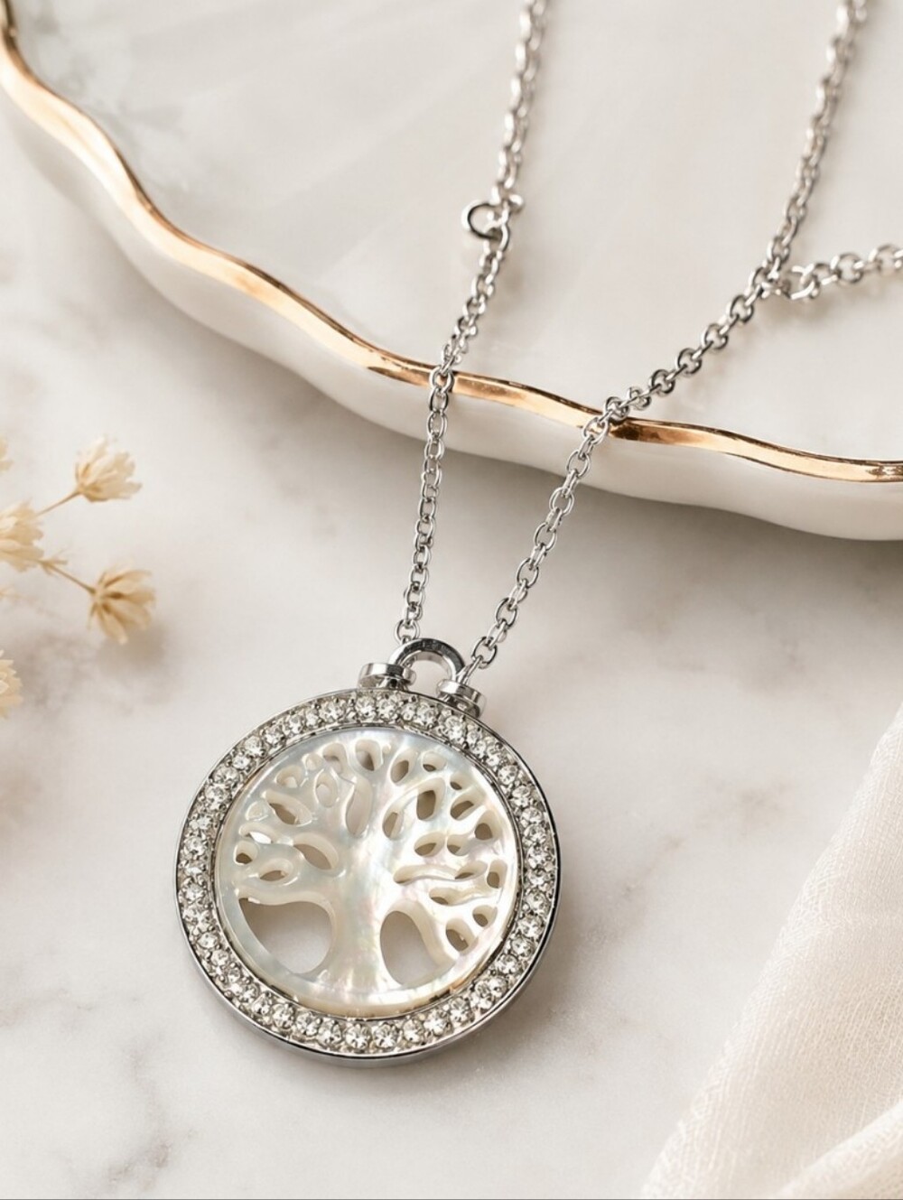 Sterling Silver Tree of Life Pendant Necklace - White